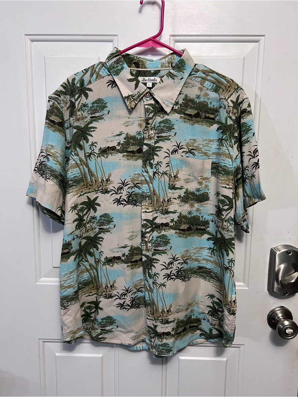 Joe Marlin Men’s L Hawaiian Shirt 100% Rayon Tropical Island Palm Trees Aloha